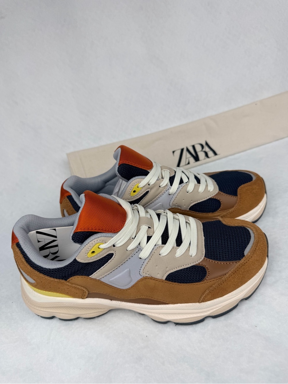 Zara Men’s Blue, Brown & Orange Mesh Suede Sneakers Size 6 Brand New